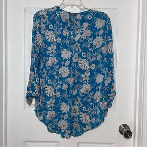 Brina & Em Floral Print Teal White Coral Women's Blouse
